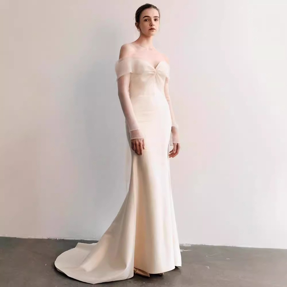 高級感 白黒 オフショルダー サテン ウェディングドレス シンプル 花嫁 成人式 演奏会 二次会 前撮り HL564