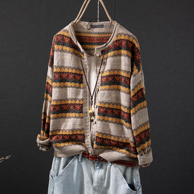 レディース ニットカーディガン クルーネック 花柄 エンボス コットン ショート丈 アウター トップス