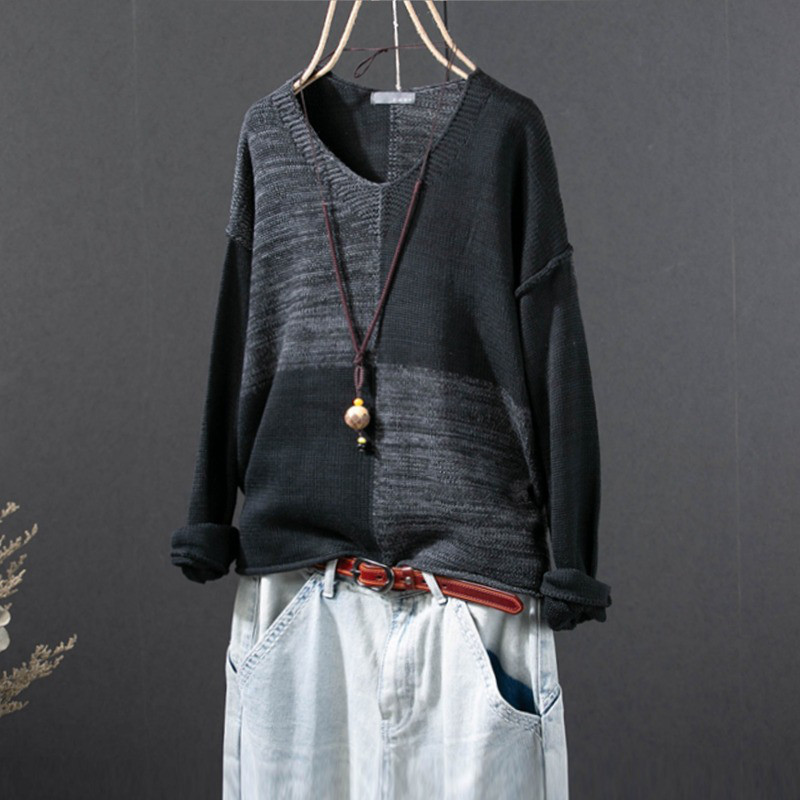 レディース Vネック ニットプルオーバー 配色 コットン 長袖 トップス