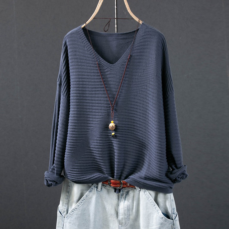 レディース Vネック ニットプルオーバー ボーダー コットン 長袖 トップス