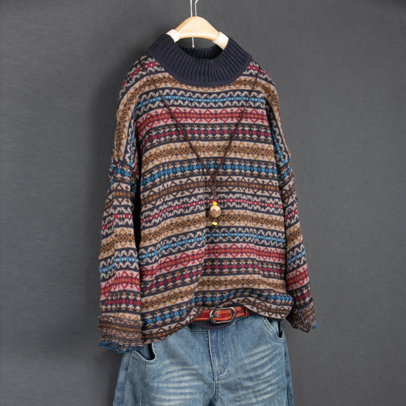 レディース モックネック ニットプルオーバー ミックスニット コットン 長袖 インナー トップス