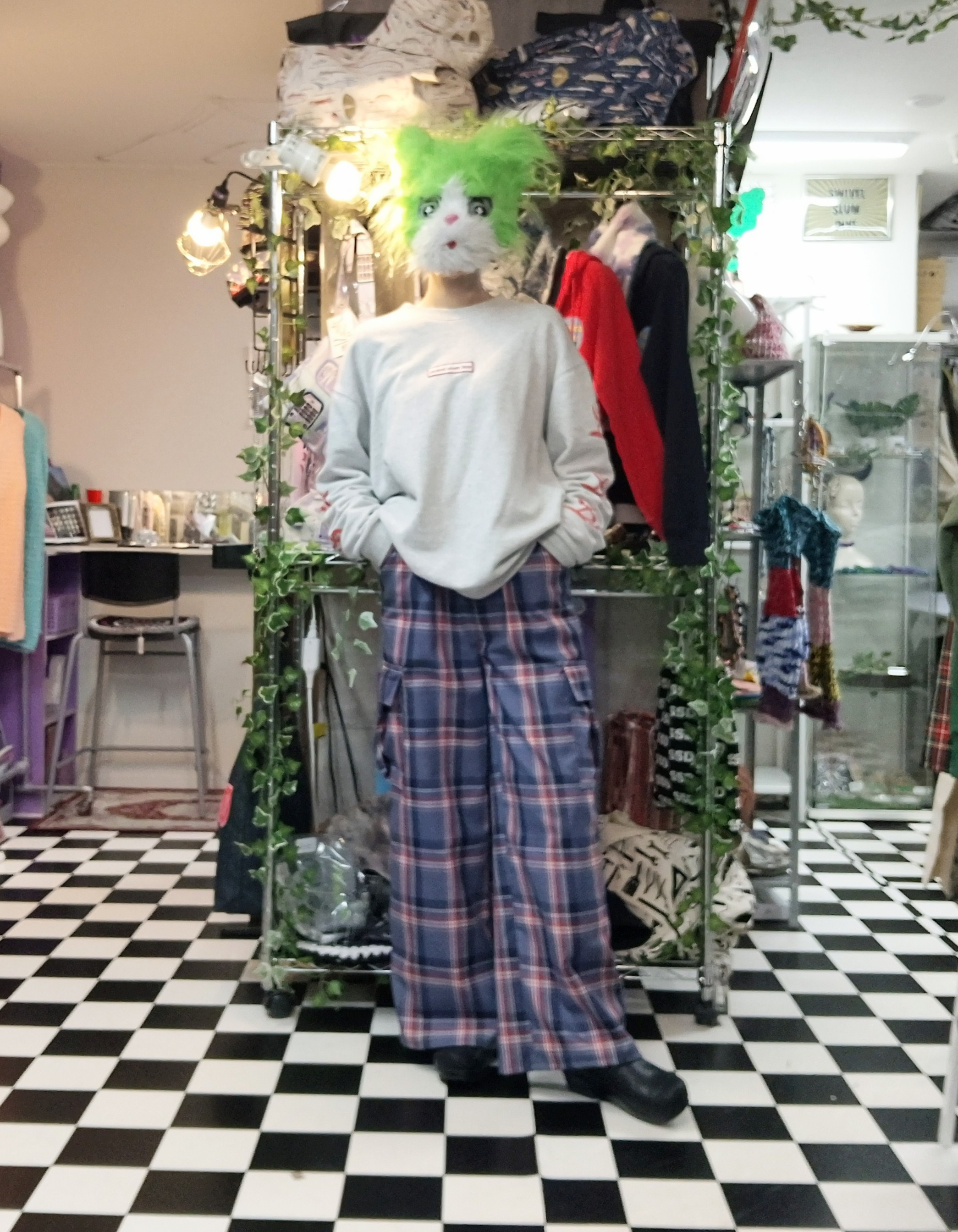 裏地付き　タータンチェックカーゴワイドパンツ