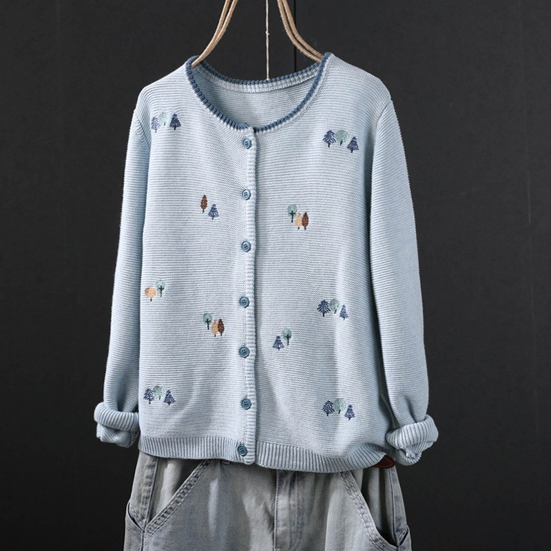 レディース ニットカーディガン クルーネック 刺繍 コットン ゆったり アウター トップス