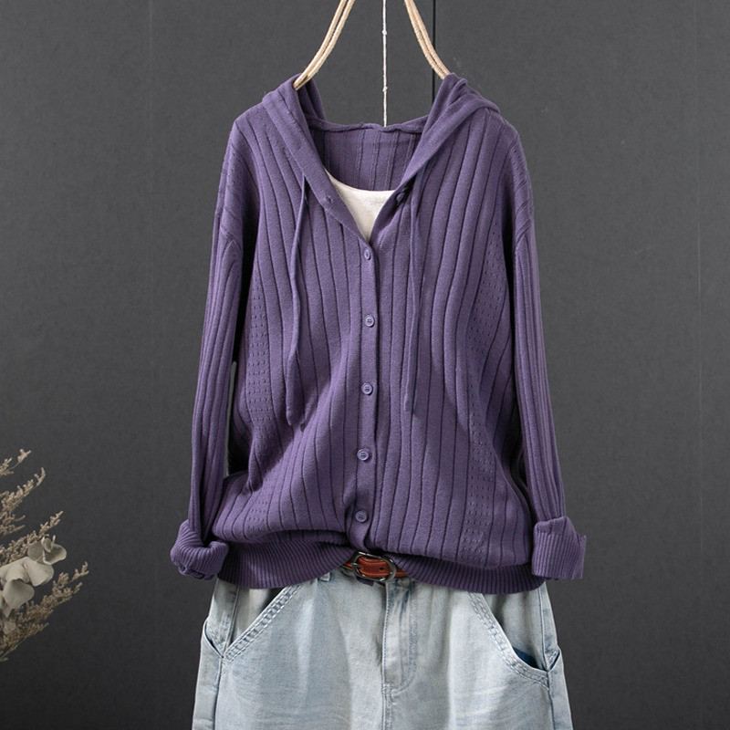 レディース Vネック ニットカーディガン フード付き ドローストリング コットン 長袖 アウター トップス