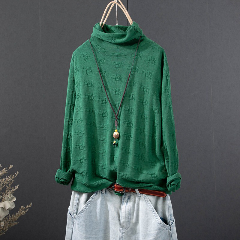 レディース タートルネック ニット エンボス加工 コットン 長袖 インナー トップス