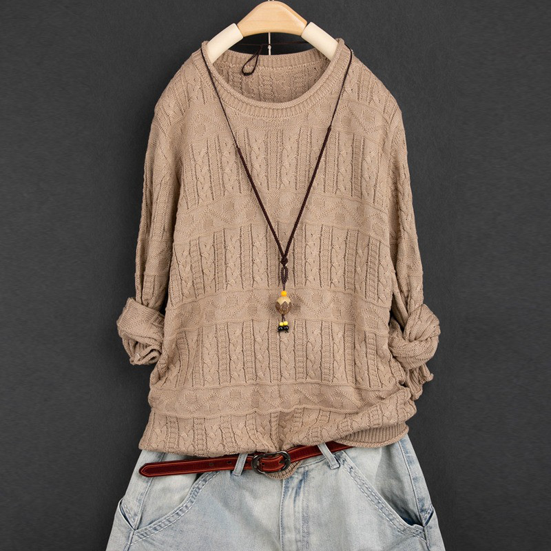 レディース ニットプルオーバー クルーネック ケーブル編み コットン 長袖 トップス