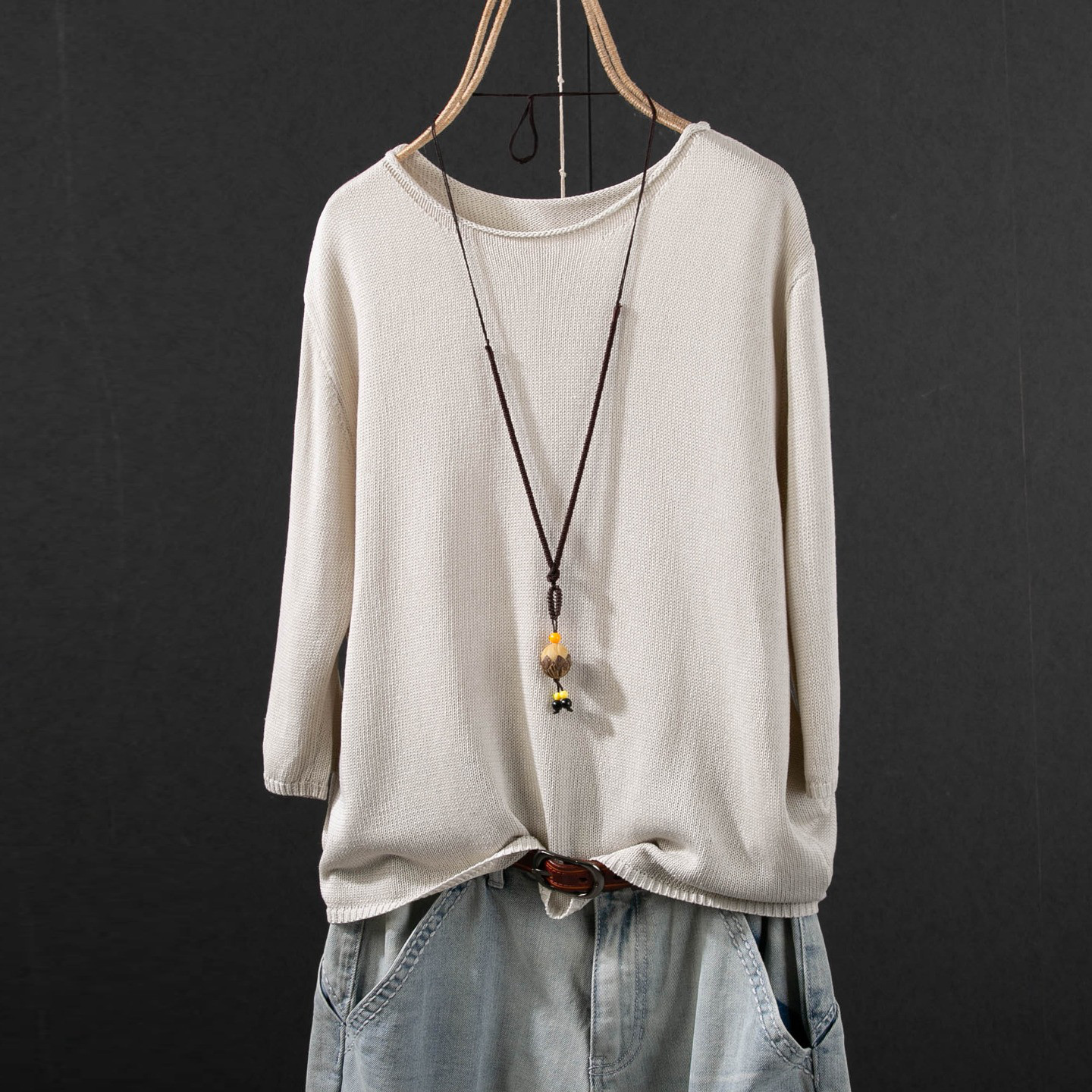 レディース ニット クルーネック 五分袖 綿麻 無地 ゆったり トップス