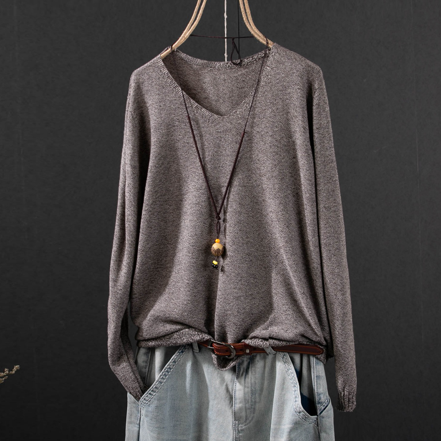 レディース Vネック ニットプルオーバー 柄 コットン 長袖 トップス