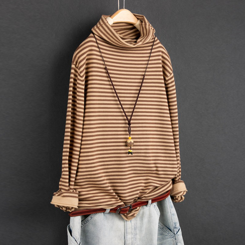 レディース ハイネック ニット 細ボーダー コットン 長袖 インナー トップス