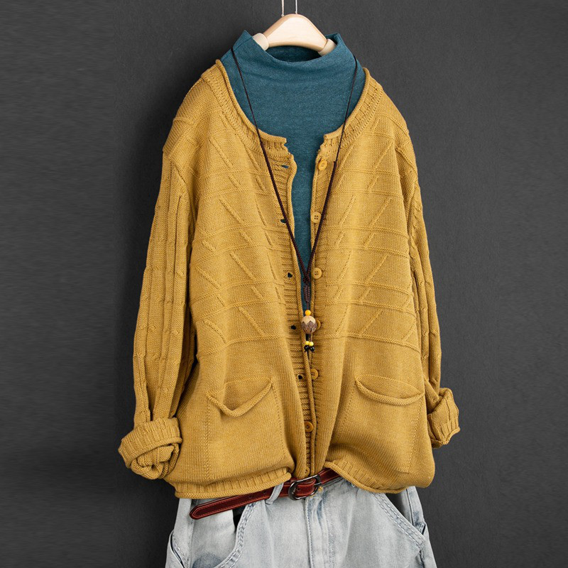 レディース ニットカーディガン ダブルポケット コットン 長袖 アウター トップス