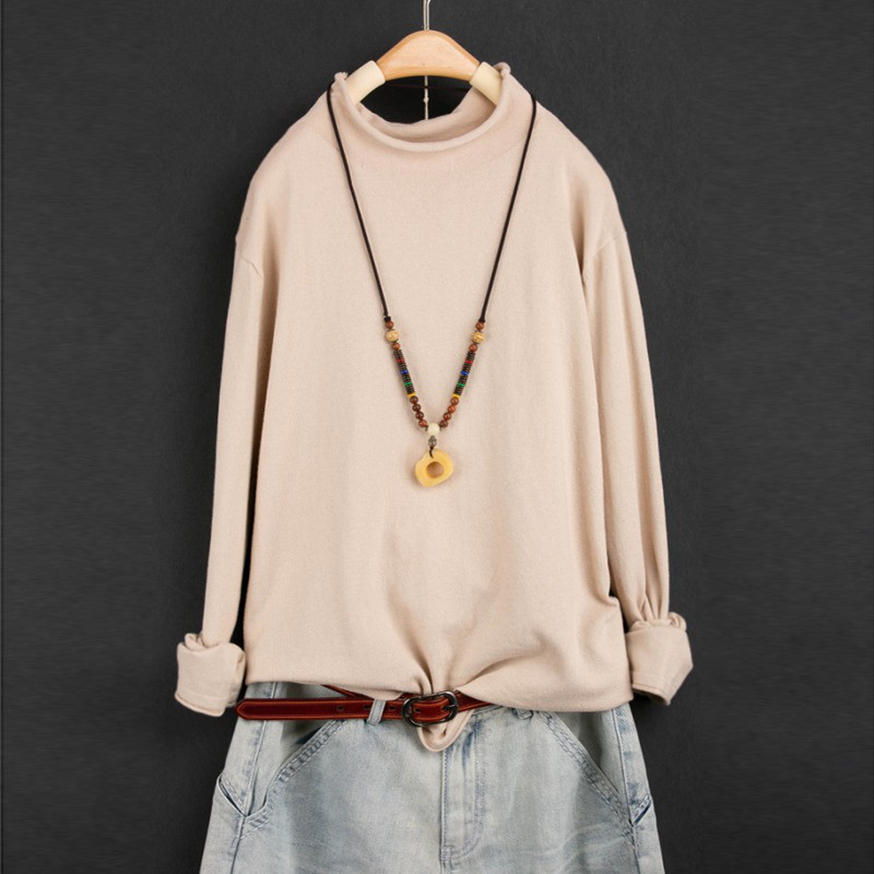 レディース モックネック ニットプルオーバー コットン 長袖 インナー トップス