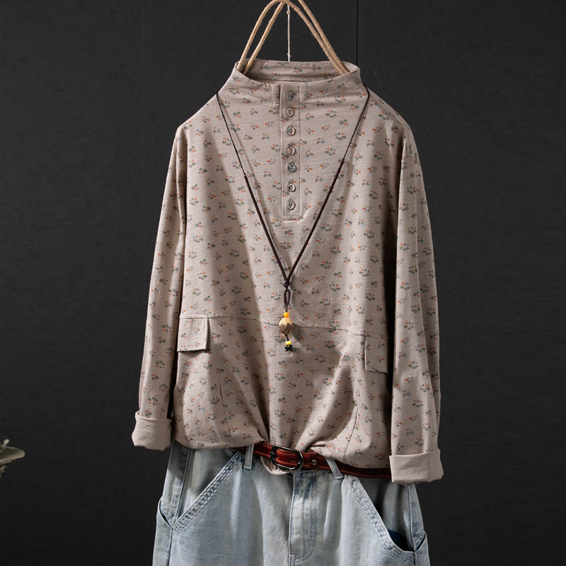 レディース モックネック シャツ 花柄 コットン 長袖 インナー トップス