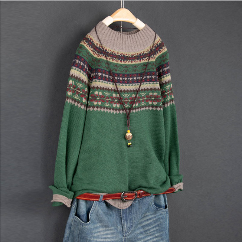 レディース モックネック ニット ジャカード エスニック風 コットン 長袖 インナー トップス