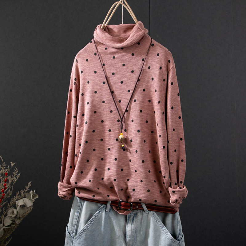 レディース タートルネック ニットプルオーバー ドット柄 コットン 長袖 インナー トップス