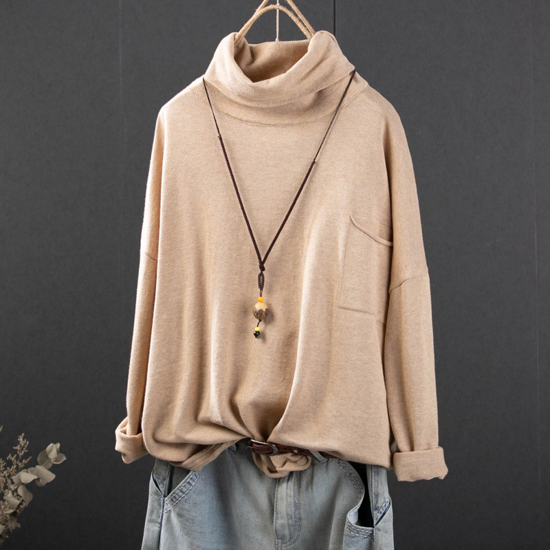 レディース ハイネック ニットプルオーバー コットン 長袖 ゆったり インナー トップス