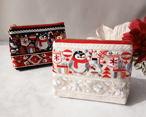 クリスマス　スペシャルBOX ジャンクジャーナル　エンボスペーパー　インド刺繍 受注制作】ペンギンさんのクリスマス柄インド刺繍リボン マチ付き