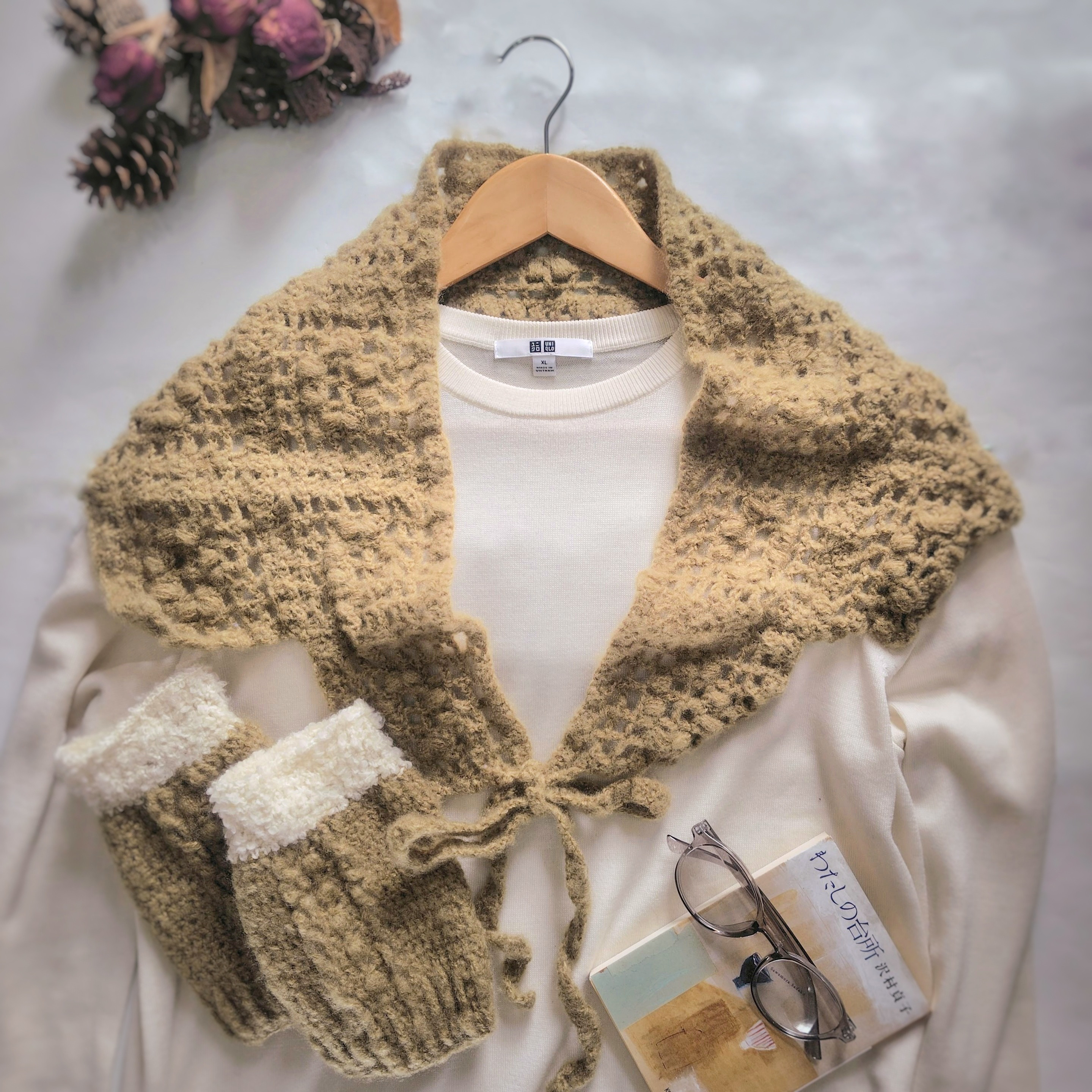 ◆春待ちあったかセット│在庫限り◆春の花咲く三角ストール&ハンドウォーマー 手編み 毛糸│イエロー 黄色