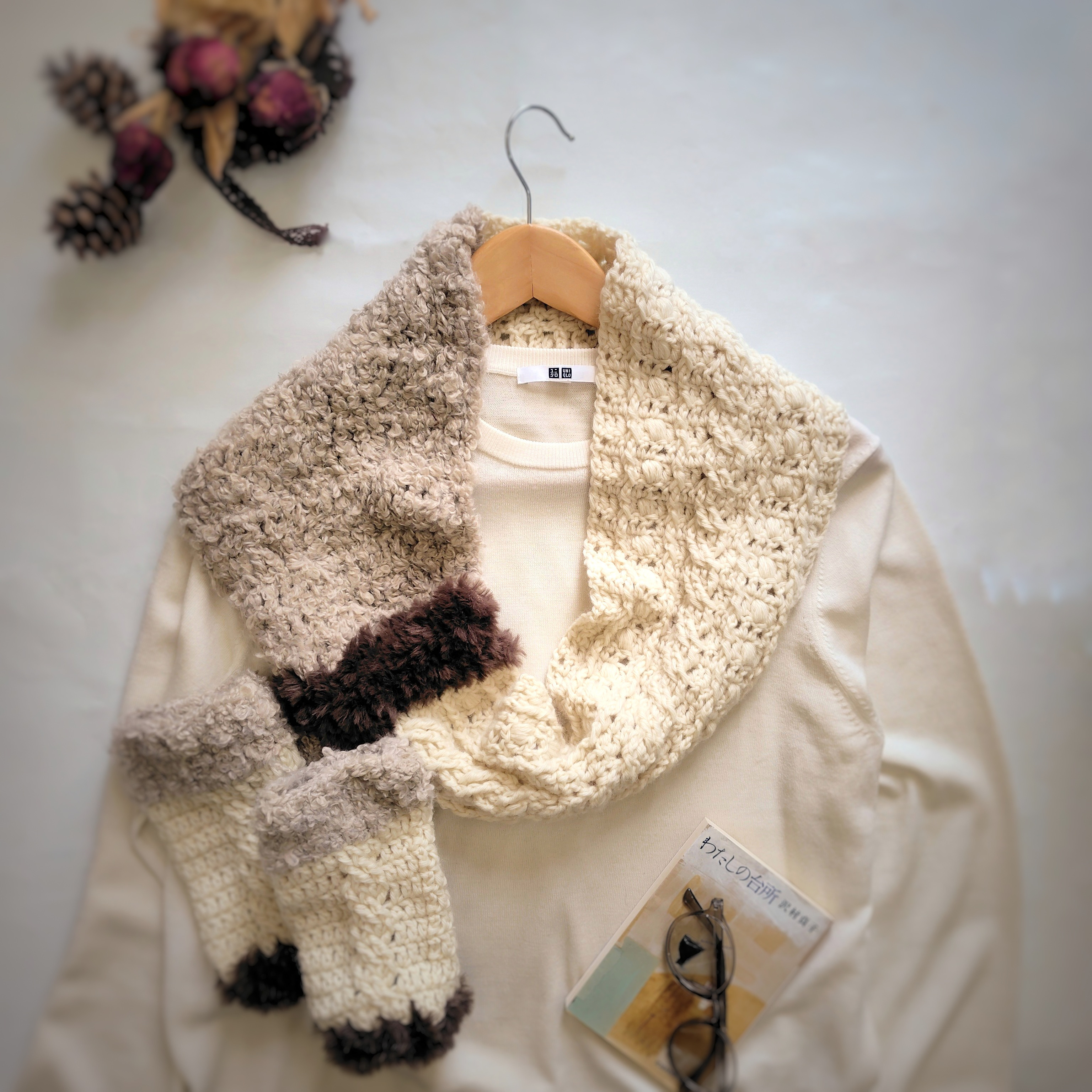 《春待ちあったかセット》ウルグアイウール 三色スヌード＆ハンドウォーマー│在庫限り・ホワイト（ラテカラー）