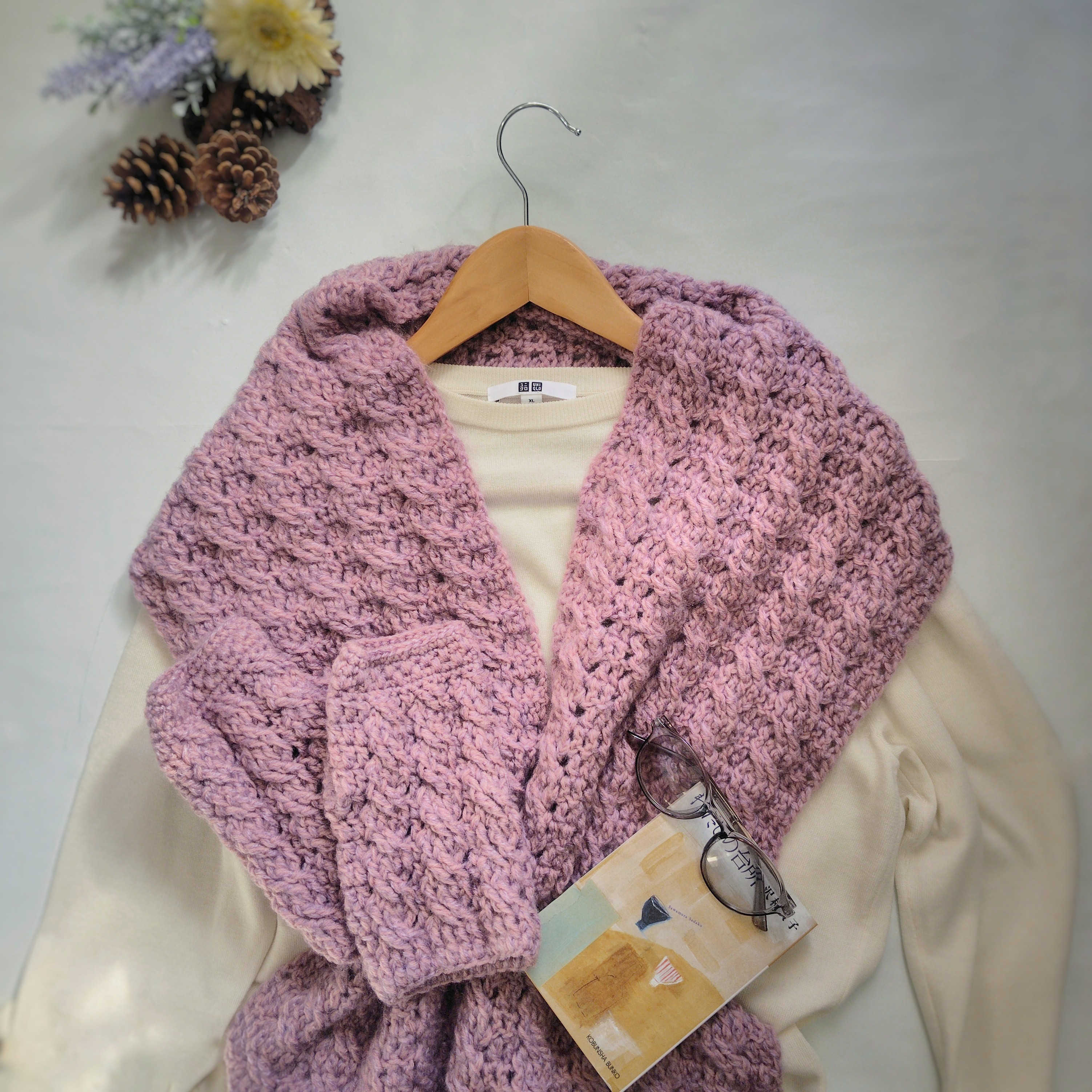◆春待ちあったかセット│在庫限り◆春のふんわりピンク・模様編みストール＆ハンドウォーマ  手編み 毛糸 │ピンク 桜