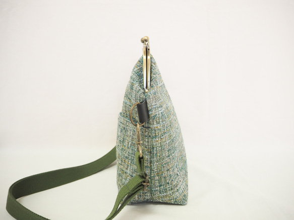 インポートファブリック×グリーンブレンドがまぐち2wayショルダーバッグ｜ナチュラル｜ ツイード風生地｜軽量バッグ 3枚目の画像