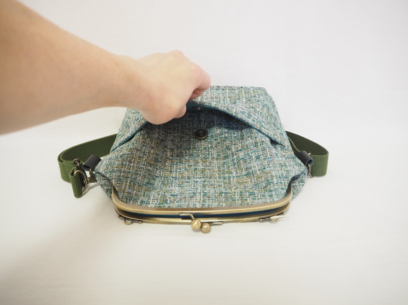 インポートファブリック×グリーンブレンドがまぐち2wayショルダーバッグ｜ナチュラル｜ ツイード風生地｜軽量バッグ 5枚目の画像