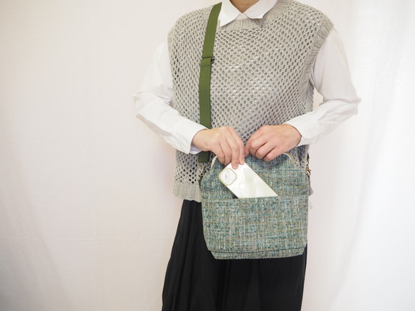 インポートファブリック×グリーンブレンドがまぐち2wayショルダーバッグ｜ナチュラル｜ ツイード風生地｜軽量バッグ 11枚目の画像