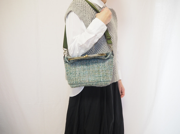 インポートファブリック×グリーンブレンドがまぐち2wayショルダーバッグ｜ナチュラル｜ ツイード風生地｜軽量バッグ 9枚目の画像