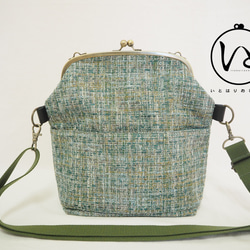 インポートファブリック×グリーンブレンドがまぐち2wayショルダーバッグ｜ナチュラル｜ ツイード風生地｜軽量バッグ 1枚目の画像
