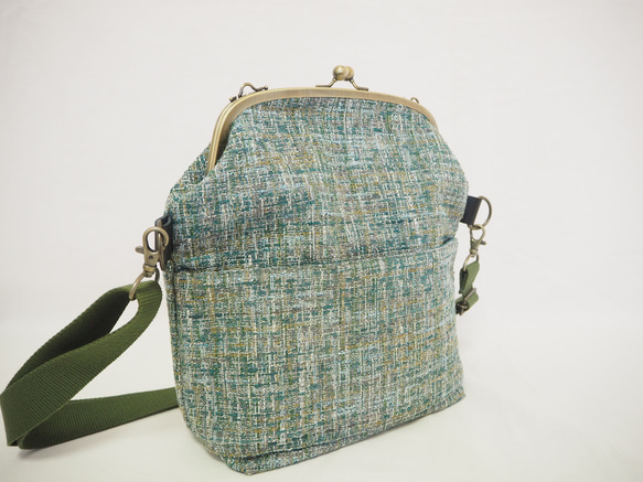 インポートファブリック×グリーンブレンドがまぐち2wayショルダーバッグ｜ナチュラル｜ ツイード風生地｜軽量バッグ 4枚目の画像
