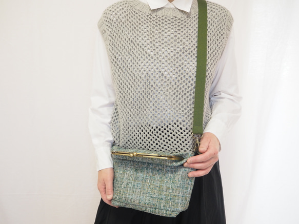 インポートファブリック×グリーンブレンドがまぐち2wayショルダーバッグ｜ナチュラル｜ ツイード風生地｜軽量バッグ 10枚目の画像
