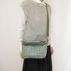 インポートファブリック×グリーンブレンドがまぐち2wayショルダーバッグ｜ナチュラル｜ ツイード風生地｜軽量バッグ 2枚目の画像
