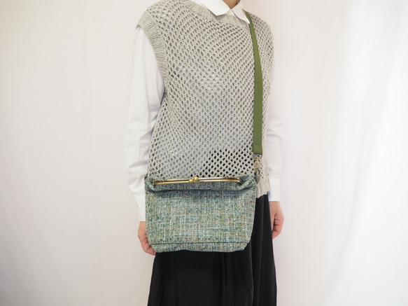インポートファブリック×グリーンブレンドがまぐち2wayショルダーバッグ｜ナチュラル｜ ツイード風生地｜軽量バッグ 2枚目の画像