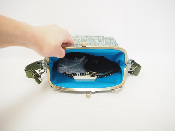 インポートファブリック×グリーンブレンドがまぐち2wayショルダーバッグ｜ナチュラル｜ ツイード風生地｜軽量バッグ 6枚目の画像