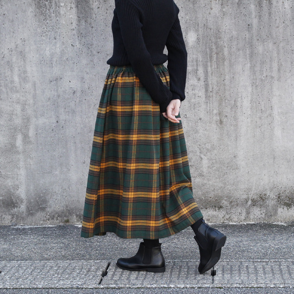 【即納】播州織 高品質 ネルチェック ギャザースカート（エバーグリーン）両面起毛 6枚目の画像
