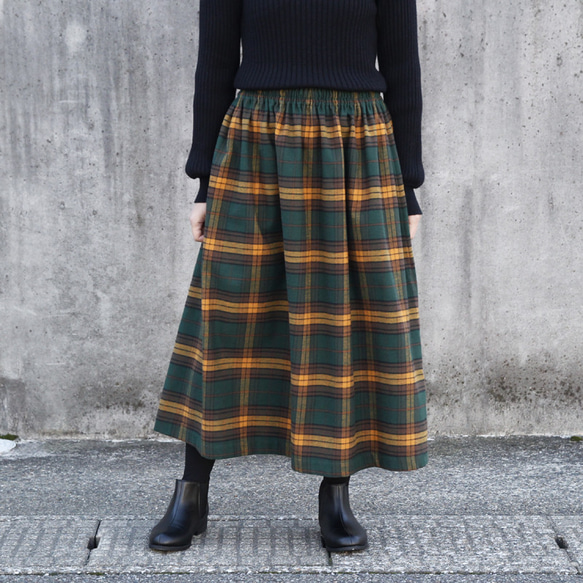 【即納】播州織 高品質 ネルチェック ギャザースカート（エバーグリーン）両面起毛 4枚目の画像