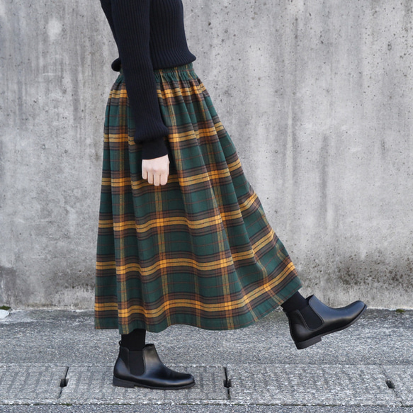【即納】播州織 高品質 ネルチェック ギャザースカート（エバーグリーン）両面起毛 7枚目の画像