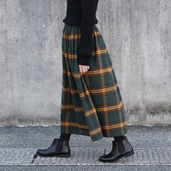 【即納】播州織 高品質 ネルチェック ギャザースカート（エバーグリーン）両面起毛 3枚目の画像