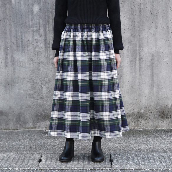 播州織 高品質 ネルチェック ギャザースカート（ドレスゴードン）ポケット 両面起毛 1枚目の画像