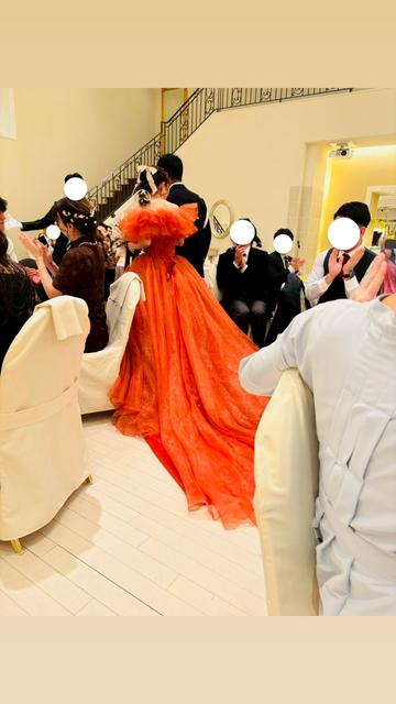 実例写真！カラードレス テラコッタ色 取り外しオフショルダー 結婚式 ブライダル エレガント オーガンジー 前撮り