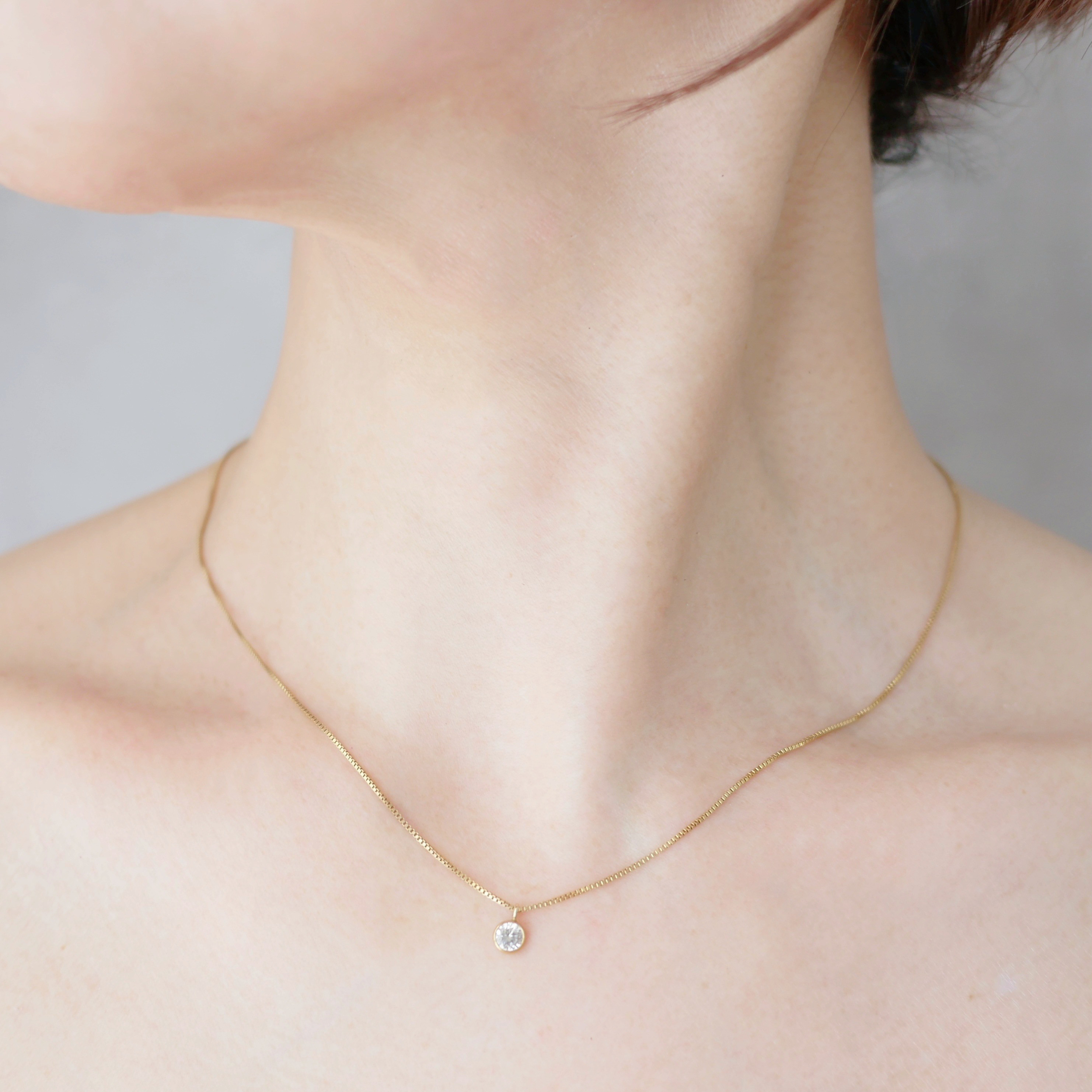 【肌になじむジュエリー】14kgf 一粒ジルコニアボックスチェーンネックレス クリスマスギフト 金アレ対応　重ね付けにも