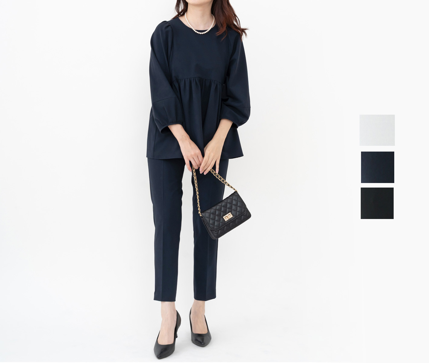 卒業式 入学式 フォーマル 【尾州産モナルーチェ】たっぷりギャザーのランタンスリーブプルオーバー&スティックパンツセット