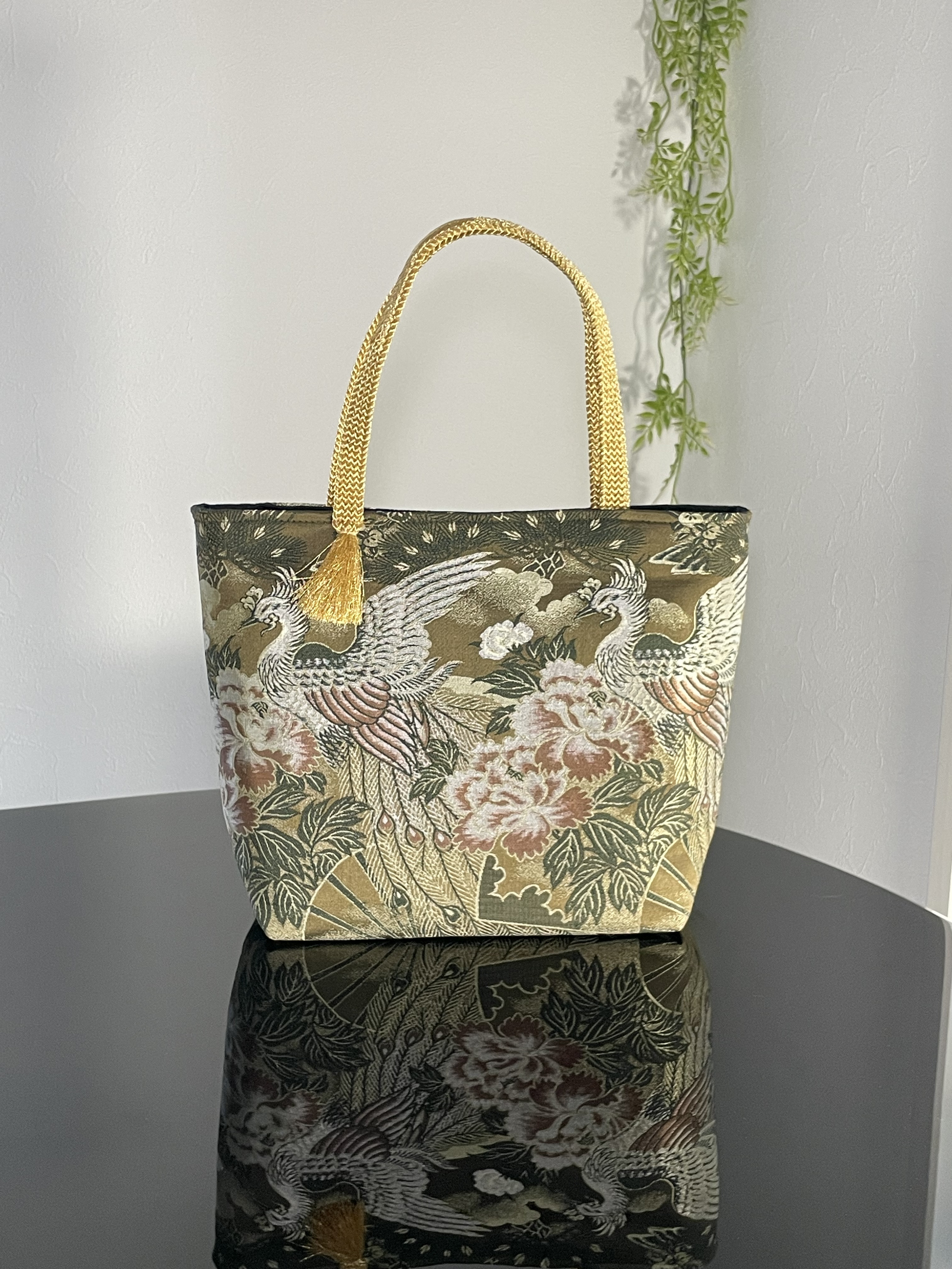 帯リメイクバッグ　鳳凰と牡丹　丸帯　トートバッグ　和装バッグ　帯バッグ