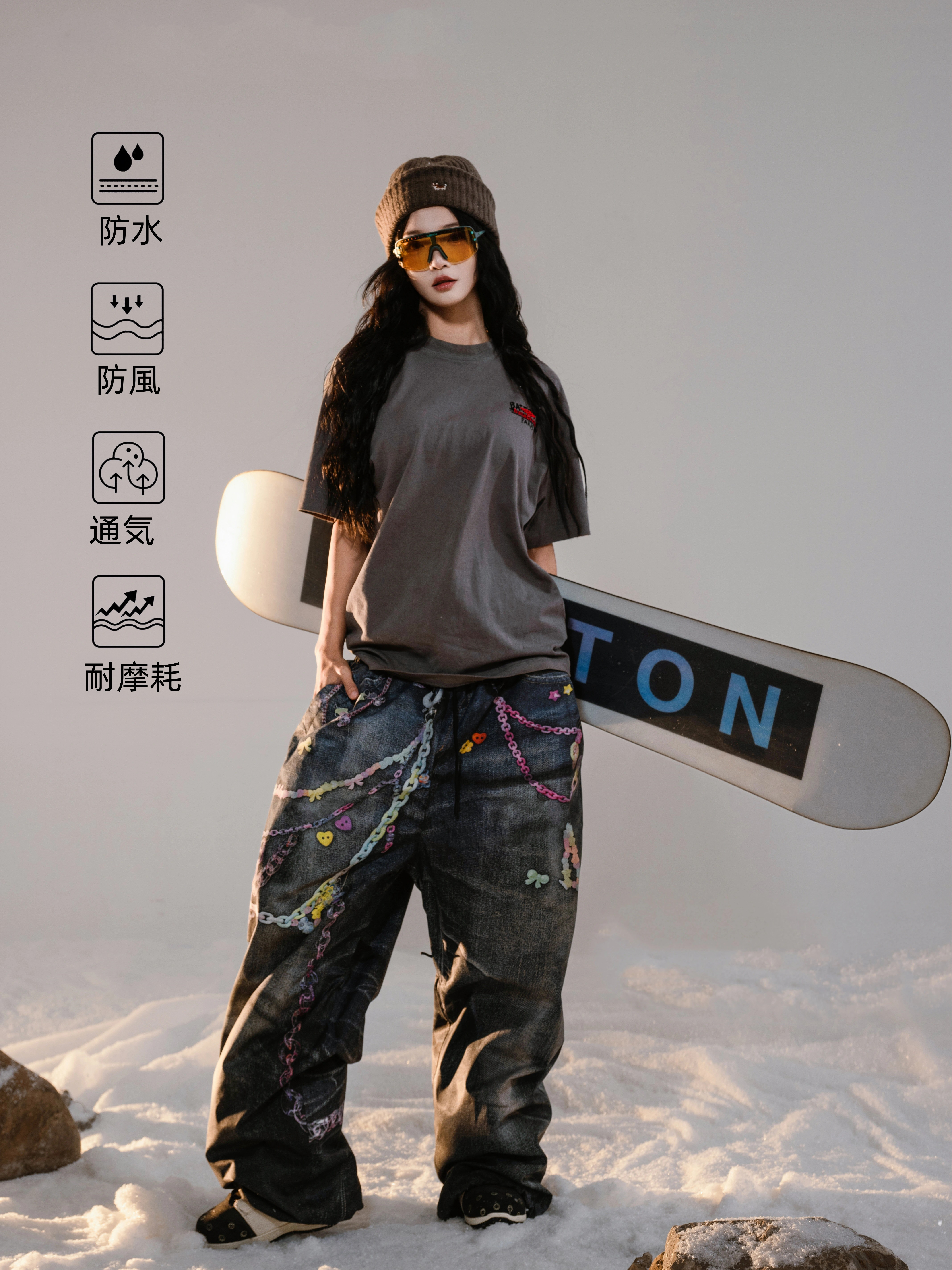 25-26 スノーボードウェア デニムパンツ プリント 3L メンズ レディース スノボパンツ ズボン SK008