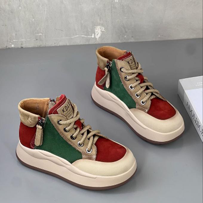 本革レトロハイカット靴レディース厚底高カジュアル板靴2025秋冬新作加絨保温綿靴 8,804円