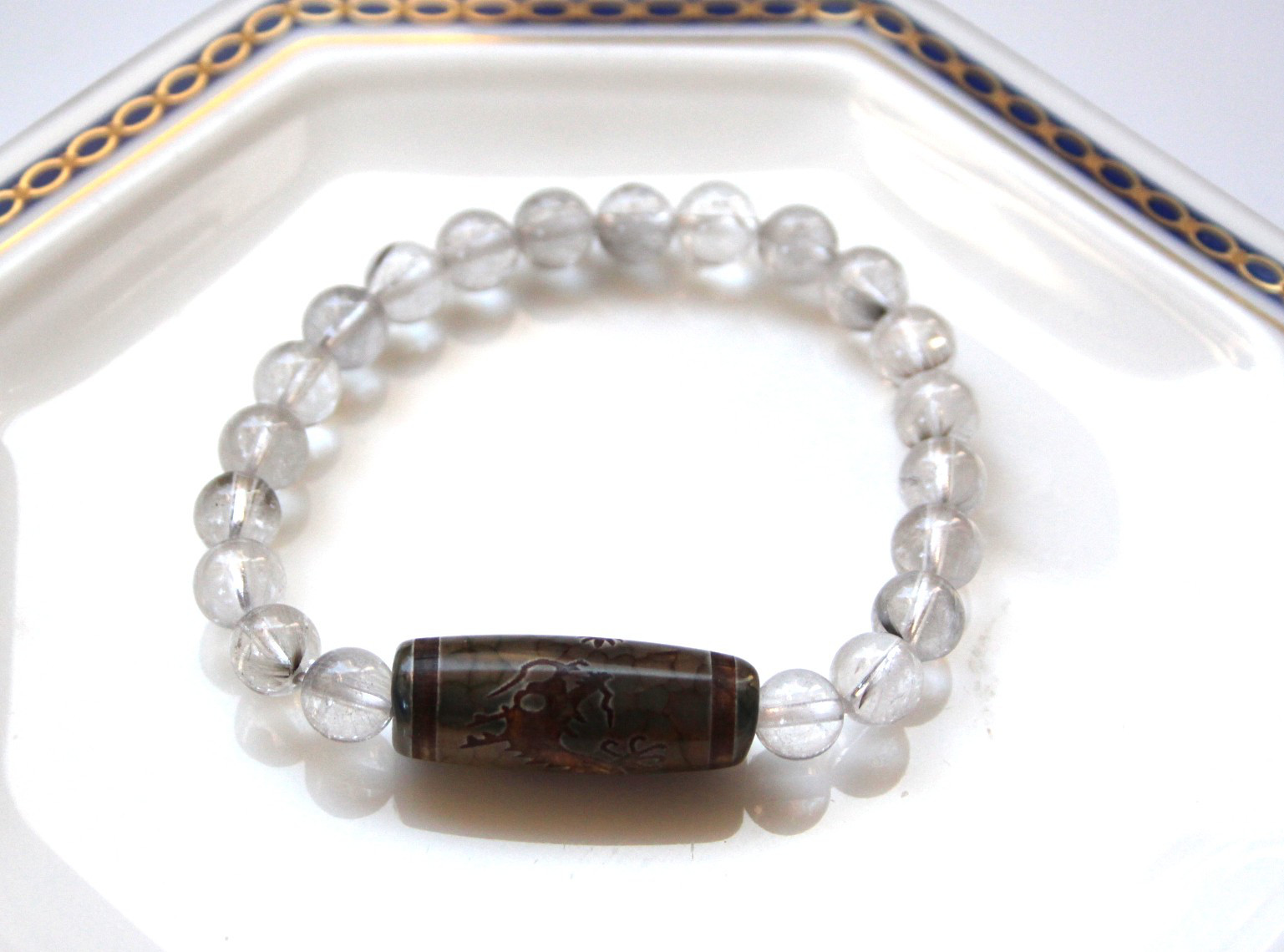 チベット皇帝龍天珠＆プラチナルチルクォーツのブレスレット