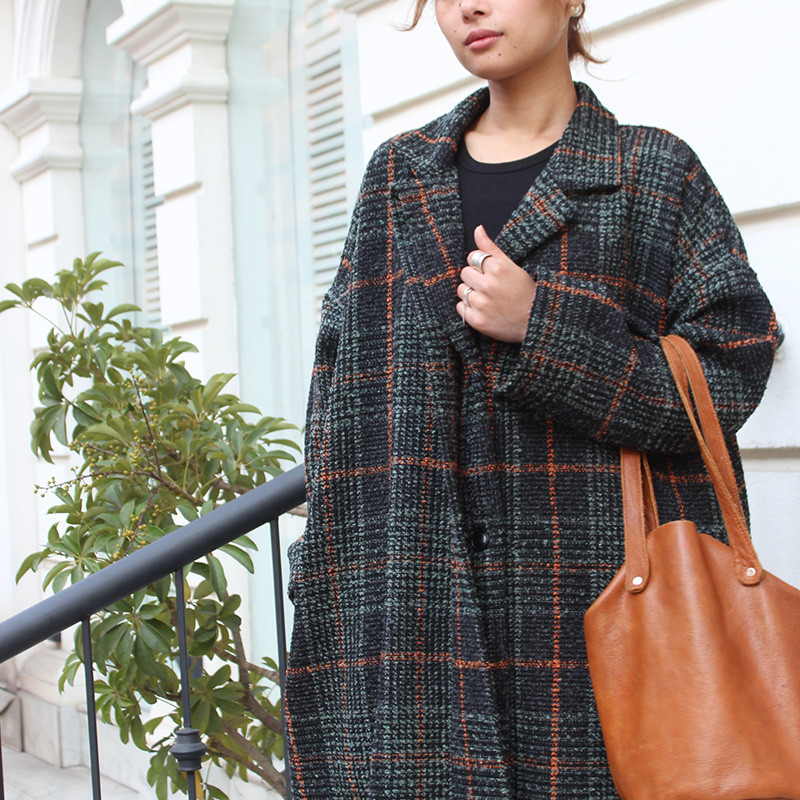ほっこり冬素材◉ ウールオーバーコート　タータンチェック　ブラックエメラルド