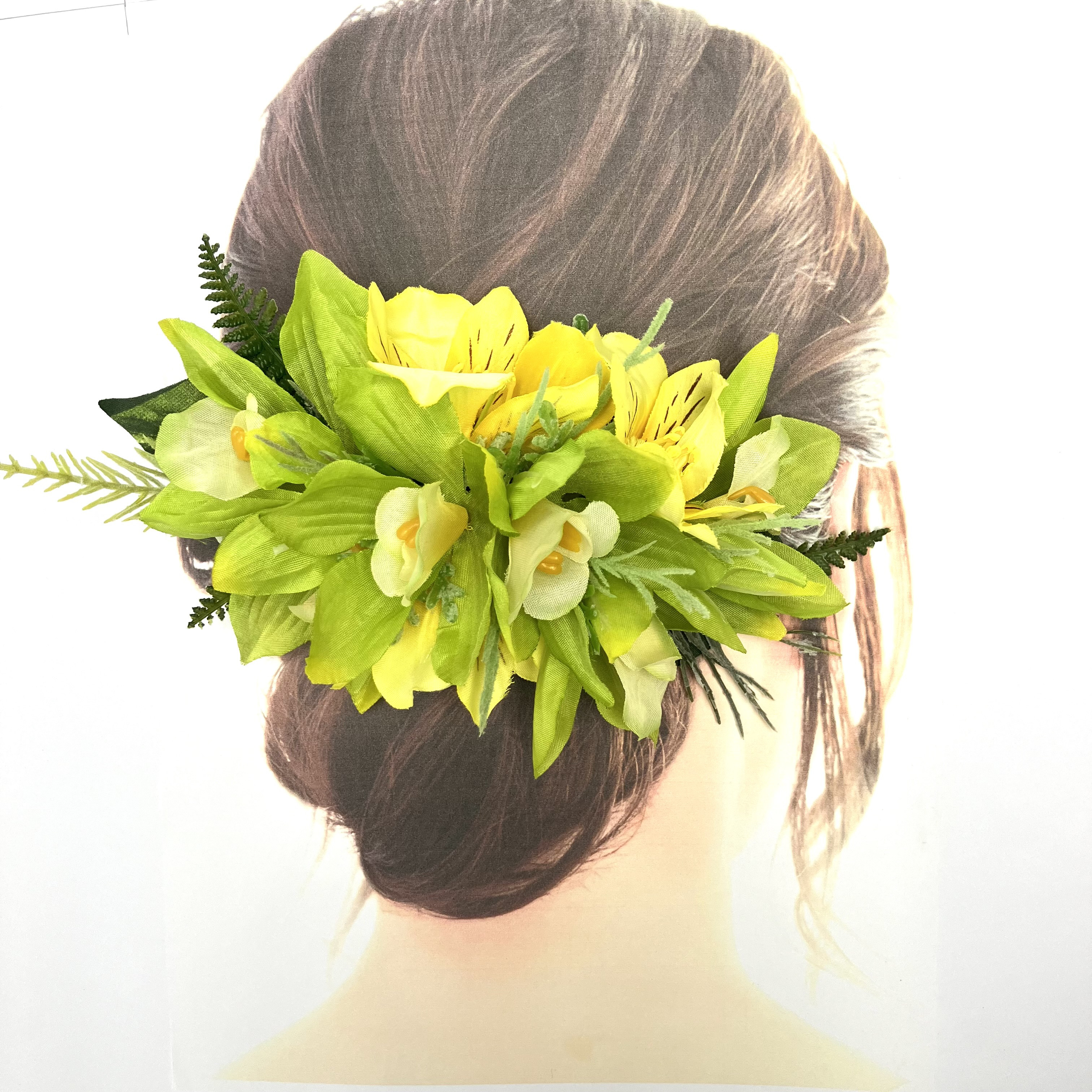 爽やかなシンビジューム＆アルストロメリア/フラダンス髪飾り/ブライダル/アーティシャルフラワー/和装/グリーン