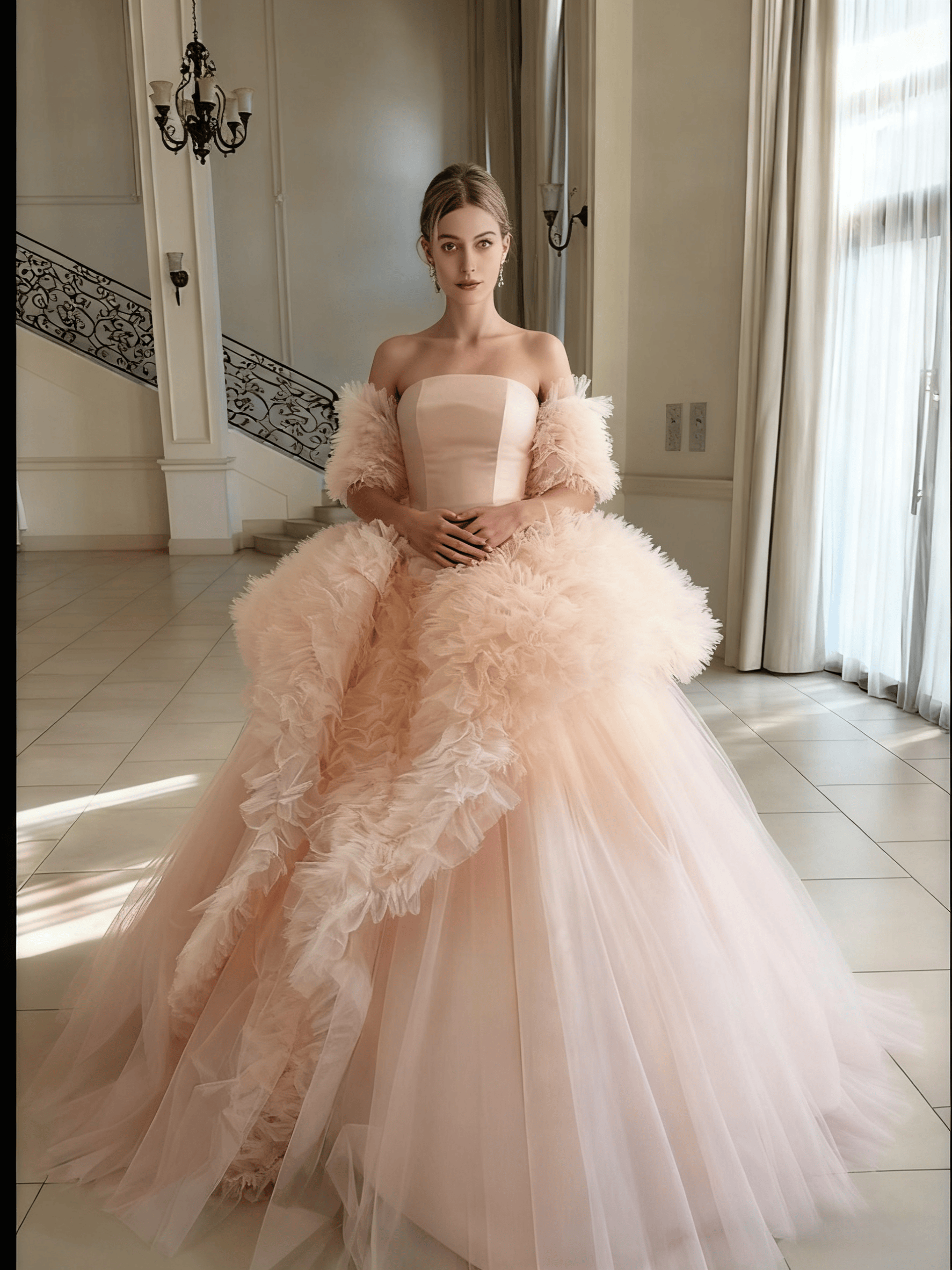 パウダーピンクチュールカラードレス　ふわふわ　ティアード　ボリューム　二次会　結婚式　前撮り　舞台