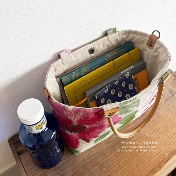 残1点⭐️4点売れました⭐️《フランス リネン》2way 花 北欧 キャメル 小柄 革 トート 手提げ ショルダーバック 6枚目の画像