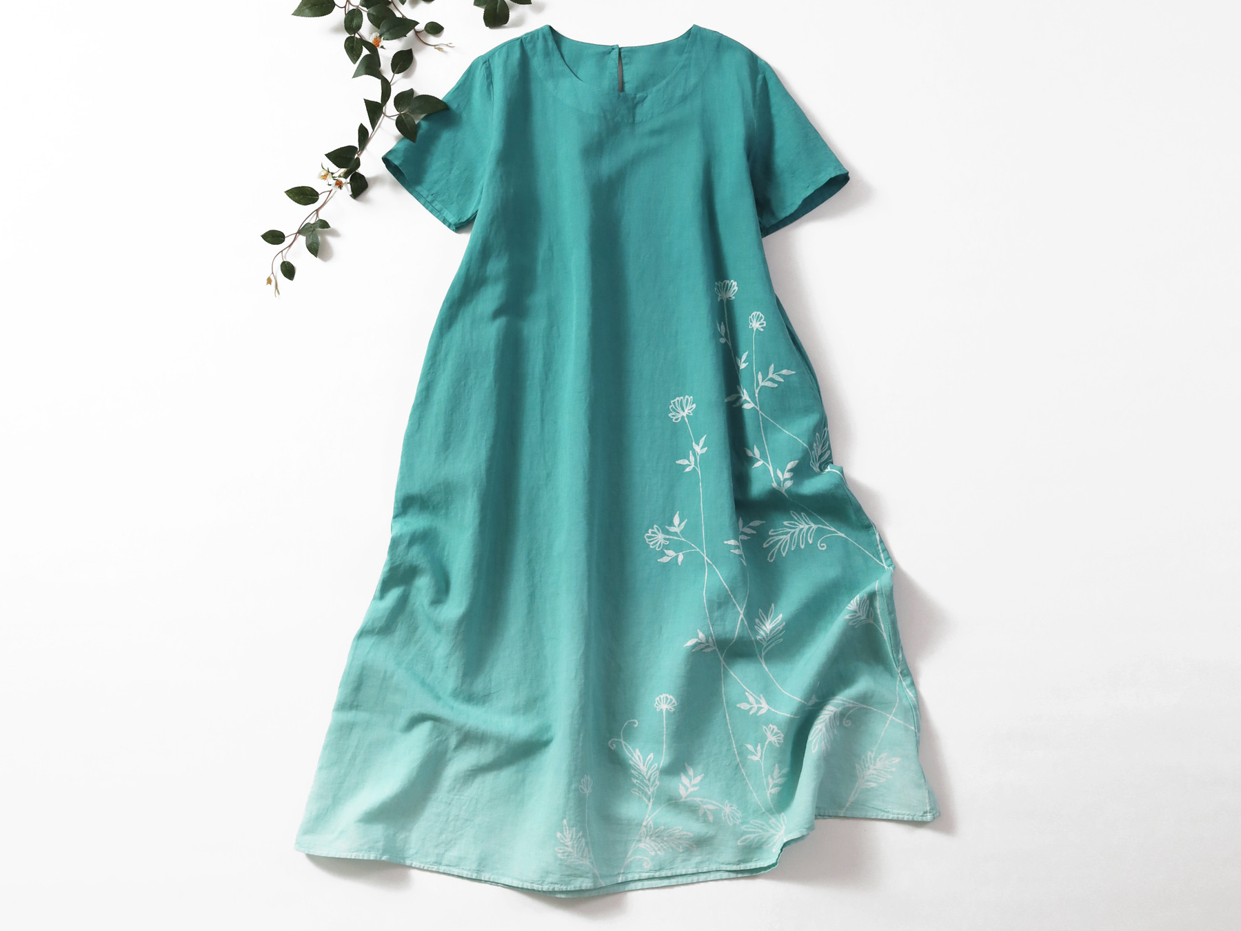 紫詰草のハーフリネン 半袖ワンピース * peacock green*